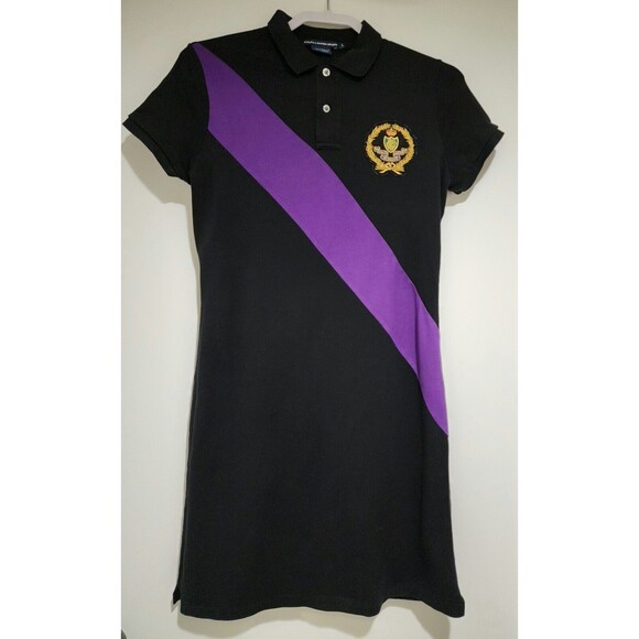 Ralph Lauren Sport Women Polo Shirt Dress Black Purple Jersey Stripe Logo Size M - Picture 2 of 9